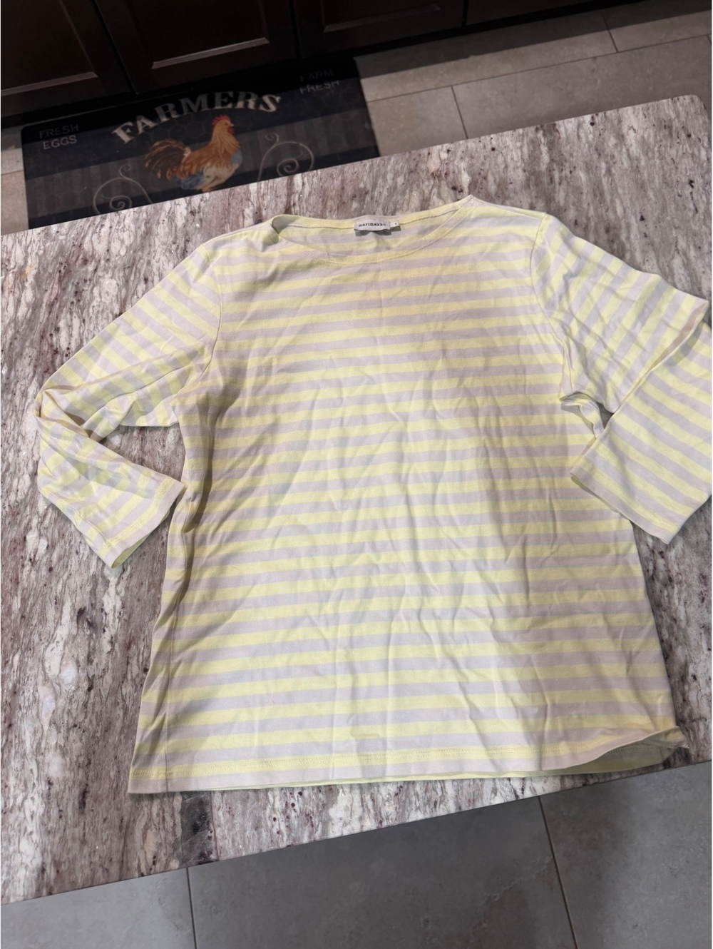 Marimekko 3/4 Sleeve Butter yellow and oatmeal striped cotton tshirt top M